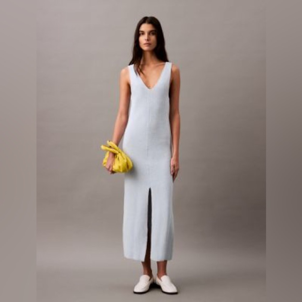 Calvin Klein Pale Blue Sleeveless V-Neck Midi Dress with Front Slit Size XL NWT